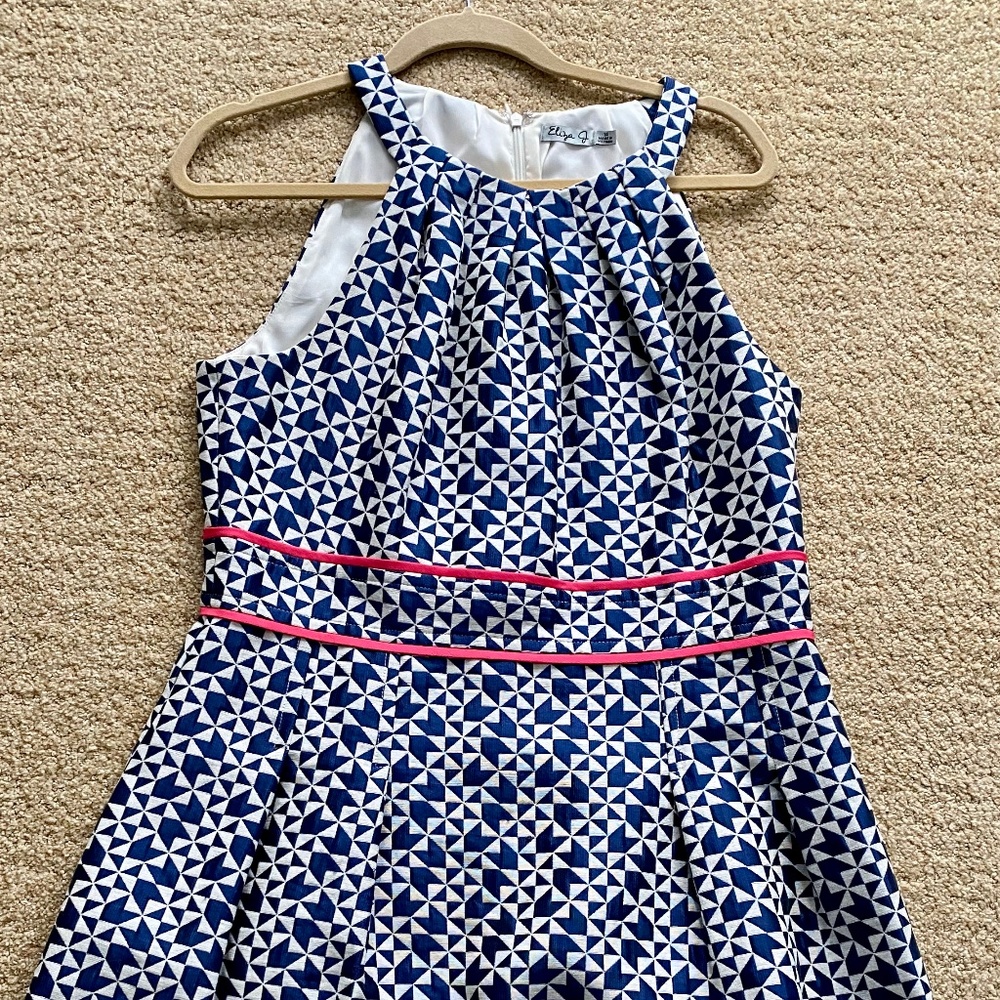 Eliza J Blue/White Geometric Print w/ pink detail